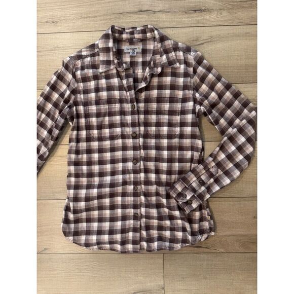 Carhartt Women's Tan Plaid Rugged Flex Hamilton Flannel Shirt S Small 4 6 - Picture 2 of 3